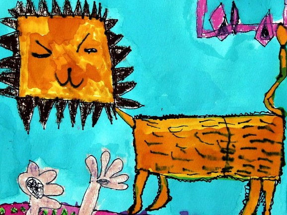 看，我在给小狮子喂食—《少儿画苑》国际少儿书画大赛作品赏析