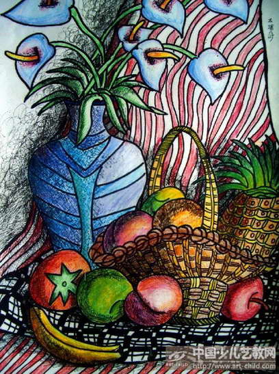 瓶花·水果与篮子—《少儿画苑》国际少儿书画大赛作品赏析
