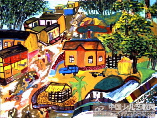 景颇村庄晨景--《少儿画苑》国际少儿书画大赛作品赏析