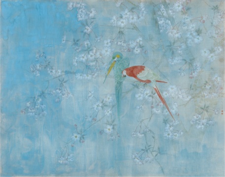 江宏伟《海棠双鹦》 97cm×123cm 纸本设色 2020年 
