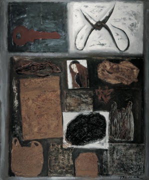 毛旭辉 《剪刀和包装袋》 180×150cm 布面油画、拼贴 1996 