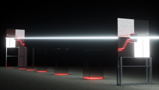 N-APE STUDIO 《显微镜》 100cm×20cm×30cm P2 LED屏幕、钢结构、亚克力、若干电源连接线、雷达传感器 2021（图片由艺术家提供） 