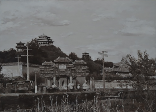 王明贤《失踪的老北京城——景山、大高玄殿及牌楼》130×90cm 布面油画 2017 
