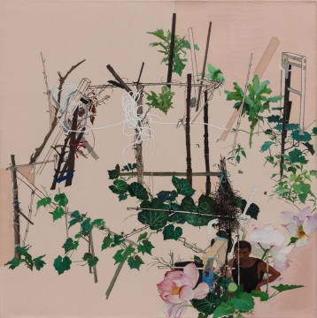 《自留地-障 》42×42cm 丝绸上国画，油性颜料&nbsp;2020 