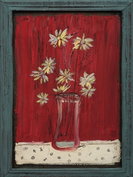 常玉 （1895-1966）&nbsp; 《红底瓶菊》&nbsp; 油画镜面&nbsp; 33.5×23.5 cm&nbsp; 1930-1950年代&nbsp; 