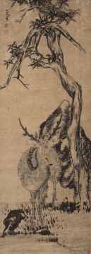八大山人 《柏鹿图》 水墨纸本 立轴 209×75㎝ 