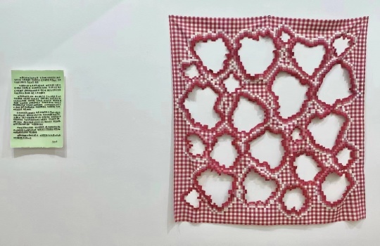 张雪瑞《墨心手书》58×38cm 手工纸、黑色墨水笔、布、大头针 2021 张雪瑞《空心之缘》154×152cm 布、棉线 2021 