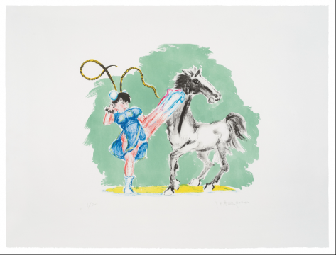 《春丽踢死马》，石版套色，76 × 56 cm，2020 