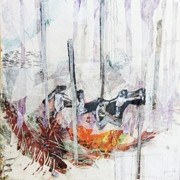 张梦宸《窗前风景之捉迷藏》60×60cm&nbsp;木板综合材料 2022 